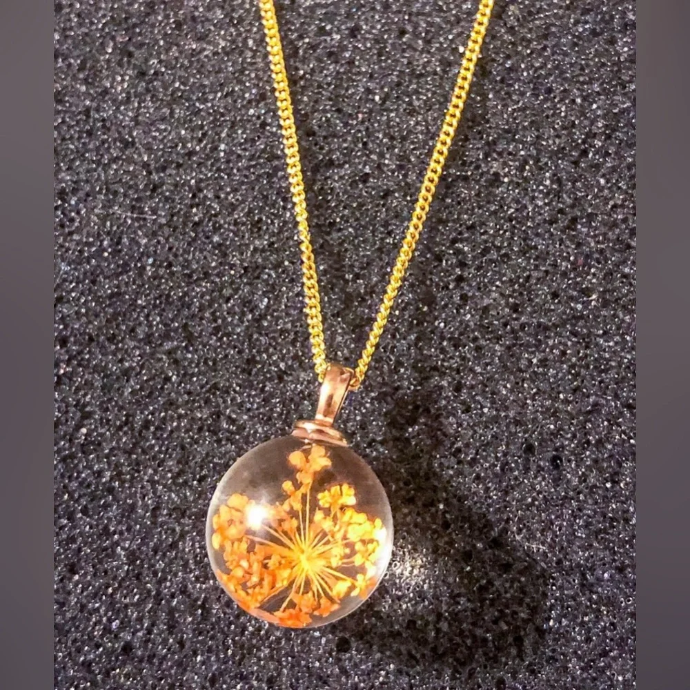 Pressed Orange Flower Glass Pendant Necklace